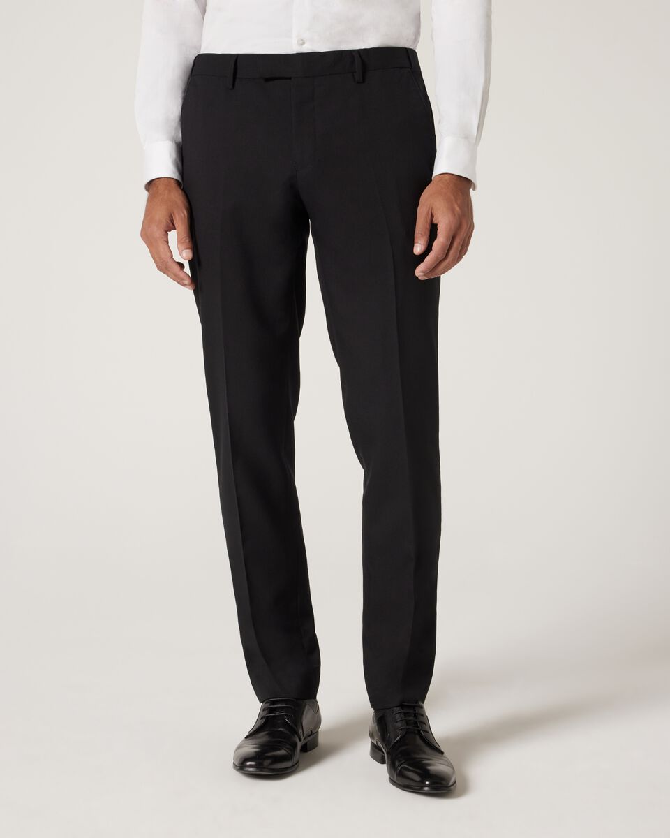 Slim fit premium wool silk tuxedo pant with satin side stripe, Black, hi-res